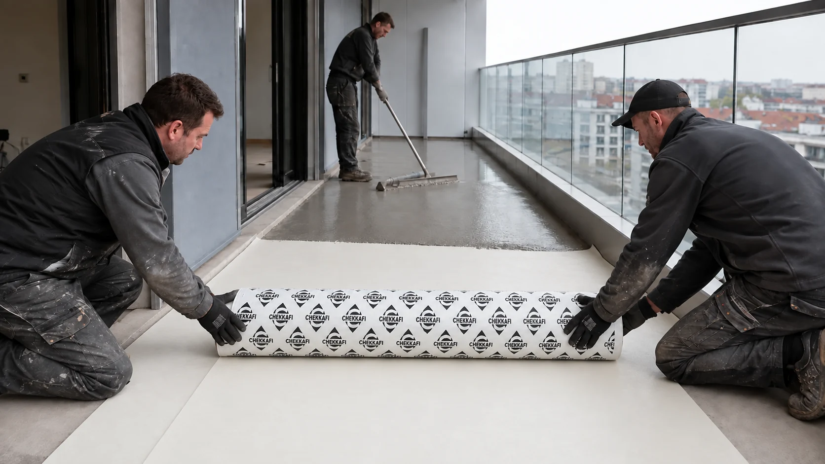 Application de membrane blanche CHEKKAFI Pro Plus sur un balcon