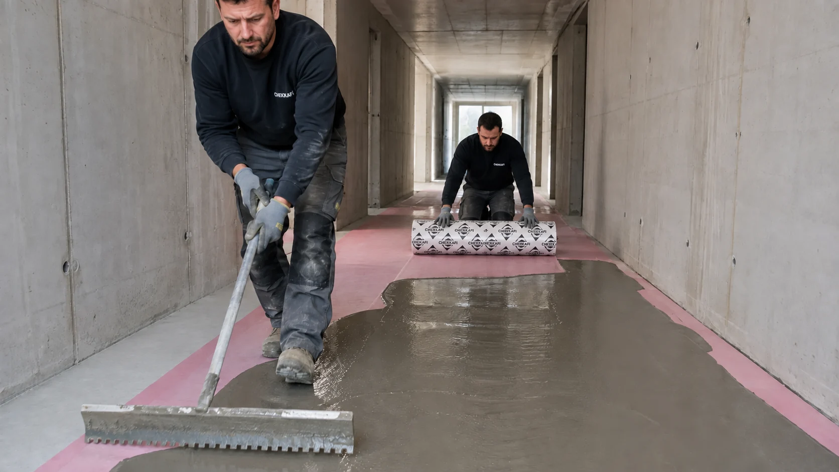 Application de membrane rose CHEKKAFI dans un long couloir