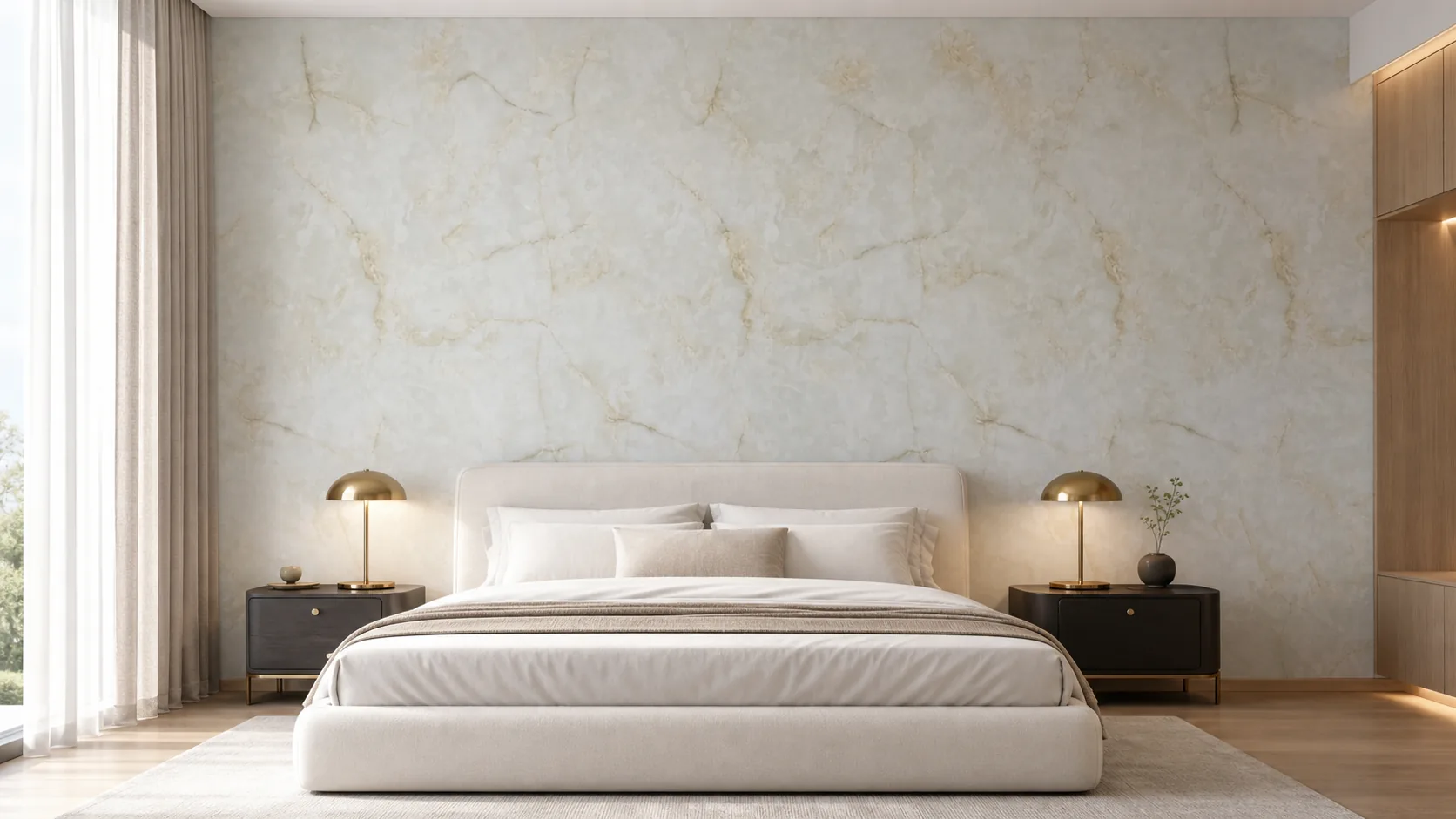 Marbre mural Ivoire Nuage installé derrière un lit