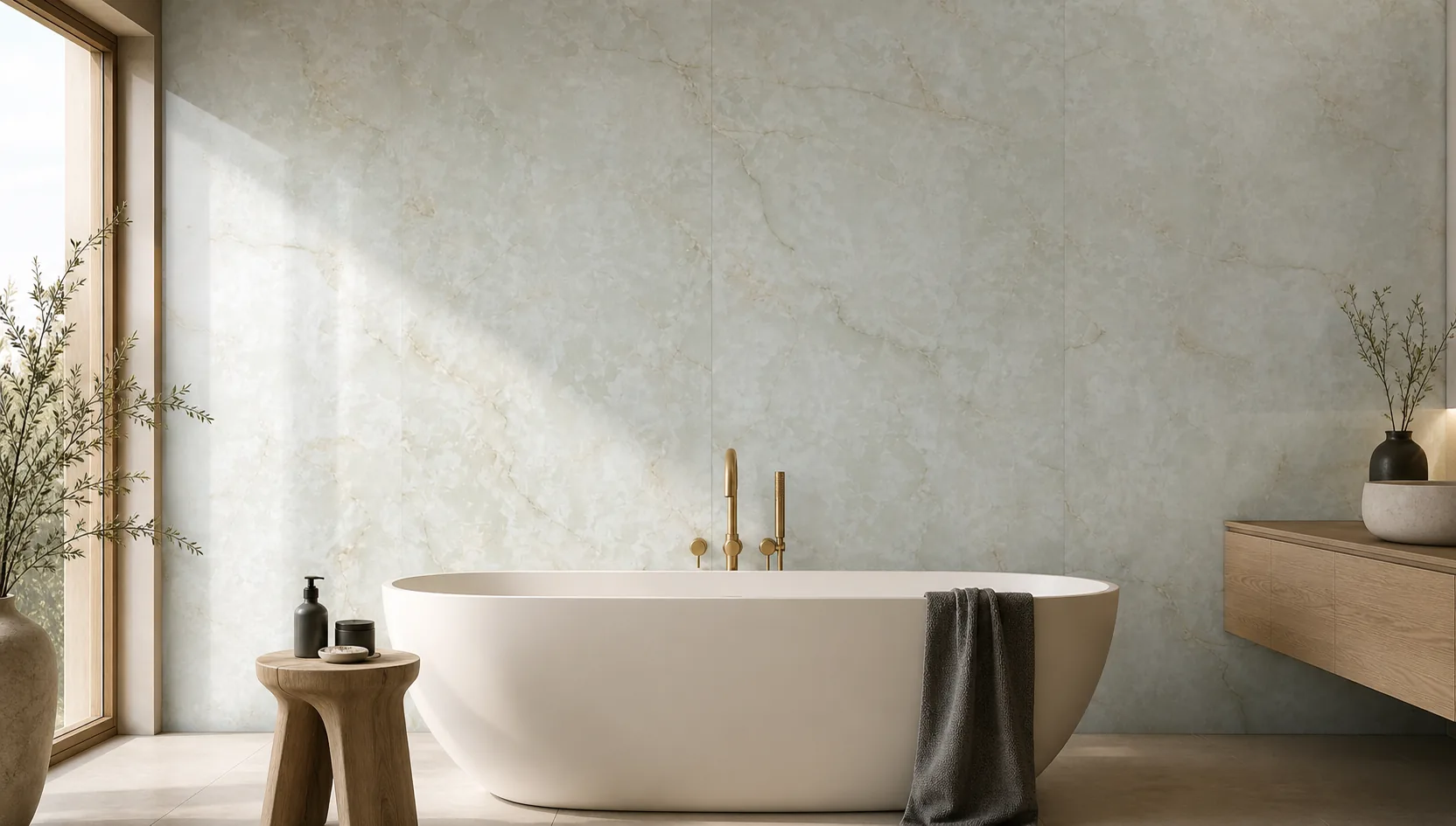 Marbre mural Brume de Jade installé derrière une baignoire