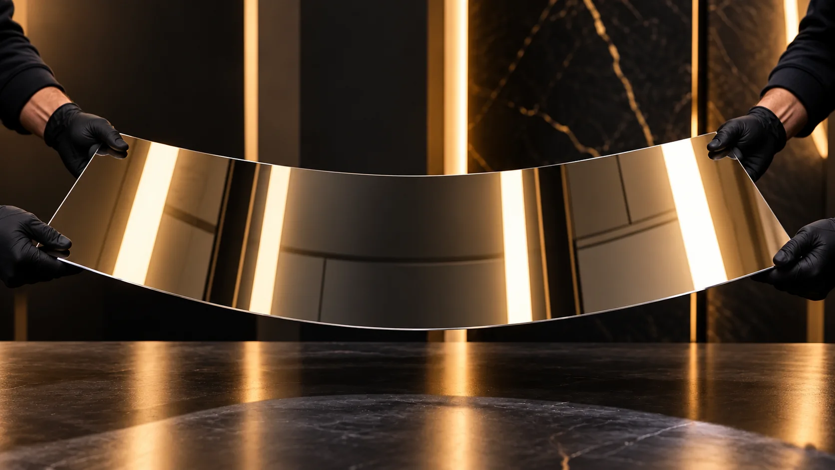Miroir résistant courbé entre quatre mains gantées