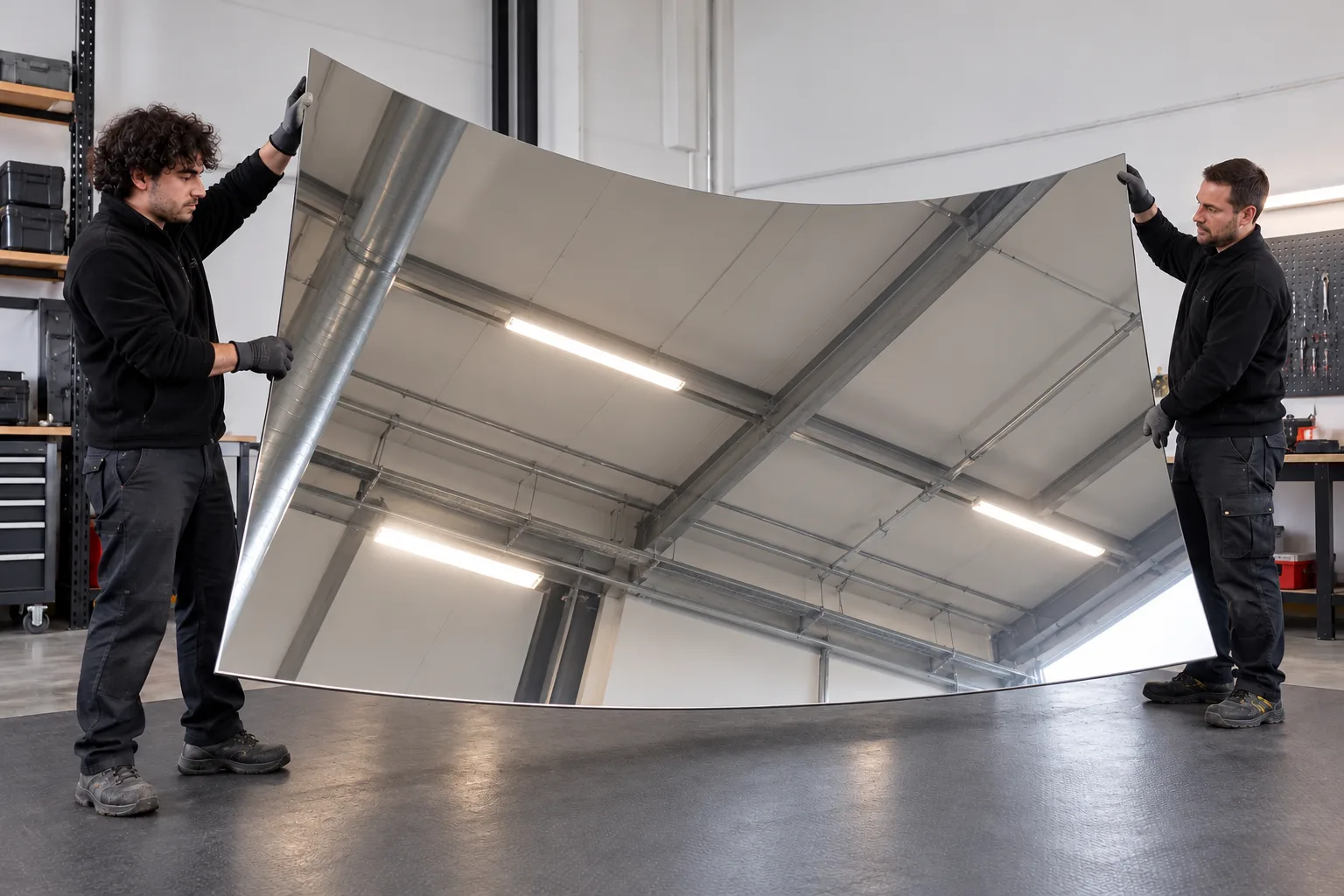 Deux professionnels montrent la légère courbure d’un grand miroir incassable resté intact